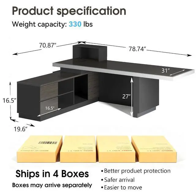 Alt view image 2 of 6 - 78" L Shaped Executive Desk with Drawers, Big Black Office Industrial Desk with Light, Modern Office Desk with Storage, Business Furniture Workstation,3.15" Thickened Desktop