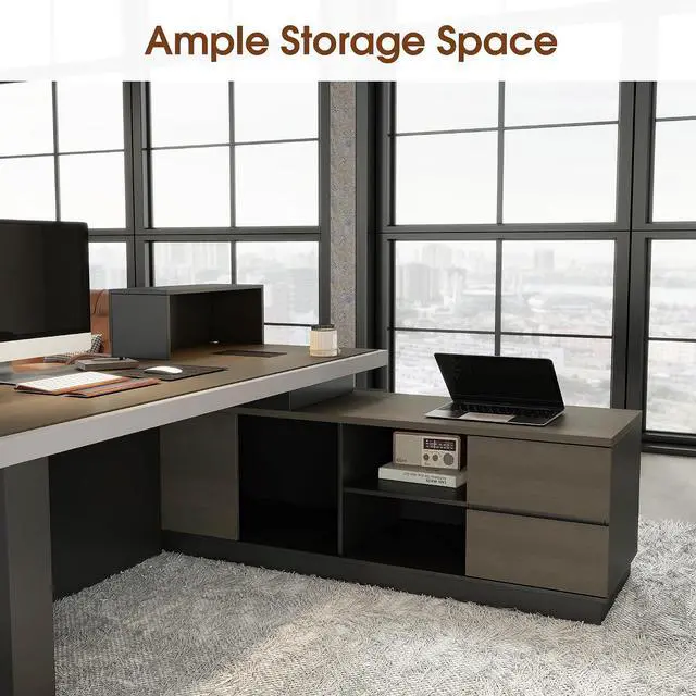 Alt view image 4 of 6 - 78" L Shaped Executive Desk with Drawers, Big Black Office Industrial Desk with Light, Modern Office Desk with Storage, Business Furniture Workstation,3.15" Thickened Desktop