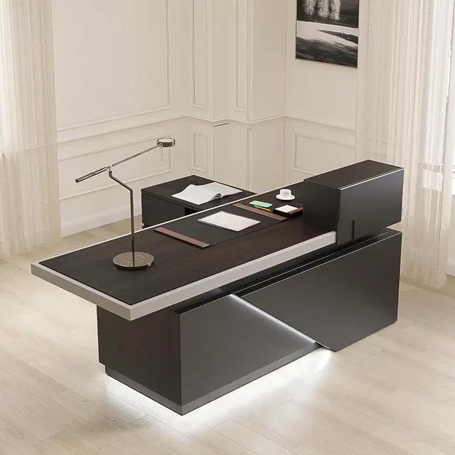 Alt view image 6 of 6 - 78" L Shaped Executive Desk with Drawers, Big Black Office Industrial Desk with Light, Modern Office Desk with Storage, Business Furniture Workstation,3.15" Thickened Desktop