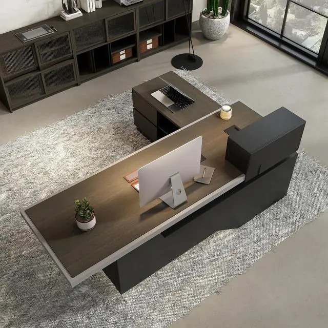 Alt view image 5 of 6 - 78" L Shaped Executive Desk with Drawers, Big Black Office Industrial Desk with Light, Modern Office Desk with Storage, Business Furniture Workstation,3.15" Thickened Desktop