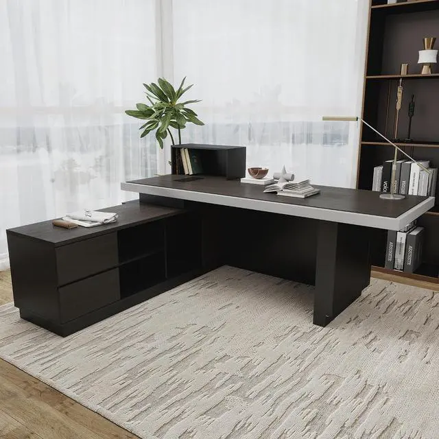 Alt view image 6 of 6 - 86" L Shaped Executive Desk with Drawers, Big Black Office Industrial Desk with Light, Modern Office Desk with Storage, Business Furniture Workstation,3.15" Thickened Desktop