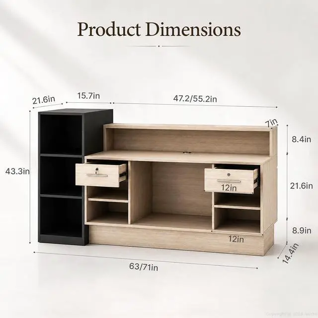 Alt view image 2 of 7 - 71" Reception Desk with Counter, Front Desk Counter with LED Lighting, Locking Drawers, Open Cubby Compartments, Cable Grommet and Reversible Side Shelf for Office, Salon, Retail, Clinic
