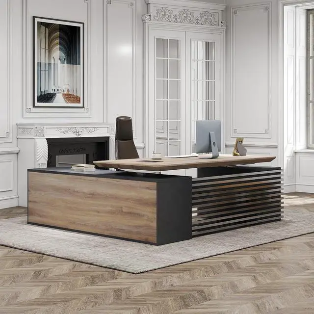 Alt view image 6 of 6 - 78.74IN Adjustable Heigh L Shaped Executive Desk w/Cabinet Storage, Modern Computer Standing Home Office Desk w/File Cabinet, AC/USB, Large Writing Table Business Workstation