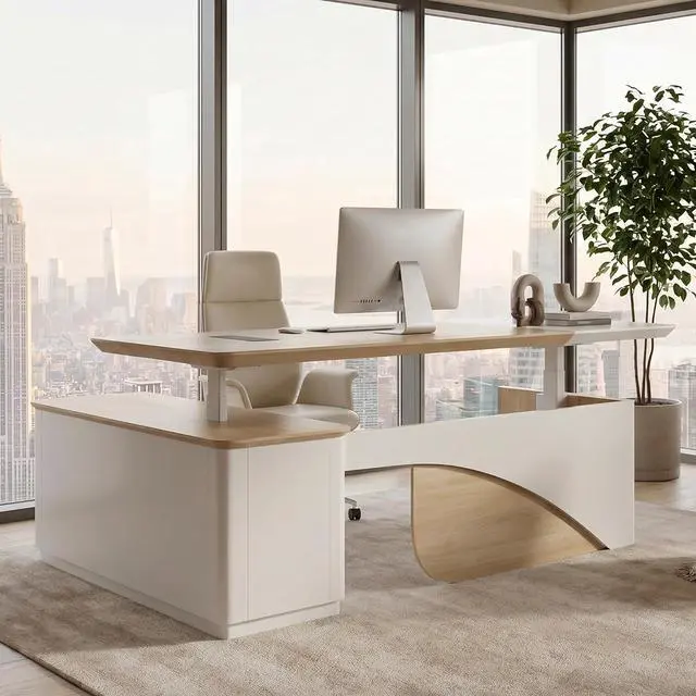 Main image of 86" L Shaped Adjustable Height Executive Desk with Drawers and Cabinet, White Electric Stand Up Desk with LED, Functions 4-Preset Memory, Power Outlets, 2.36" Thickened Desktop for Office