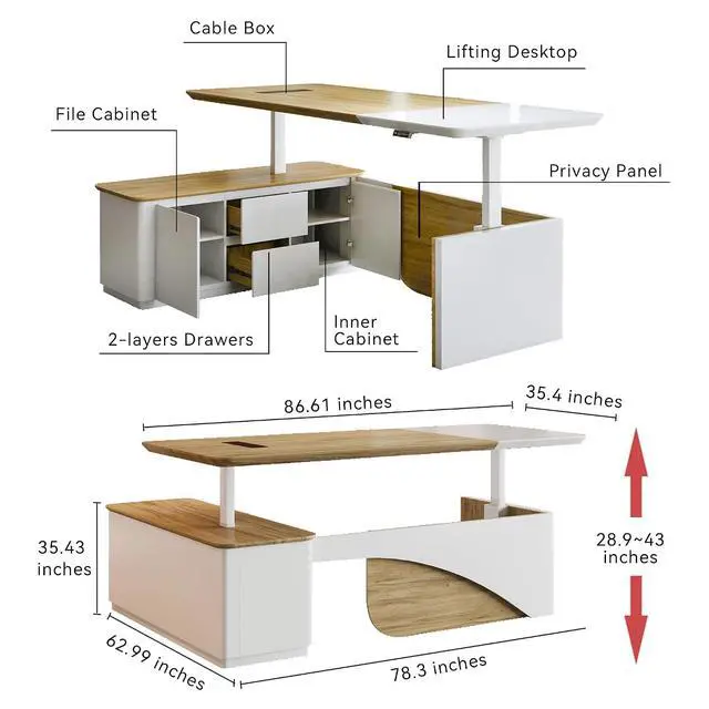 Alt view image 2 of 7 - 86" L Shaped Adjustable Height Executive Desk with Drawers and Cabinet, White Electric Stand Up Desk with LED, Functions 4-Preset Memory, Power Outlets, 2.36" Thickened Desktop for Office