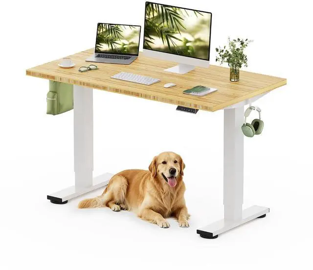 Main image of Solid Bamboo Standing Desk, 48" x 24" Real Bamboo Desktop with Natural Grain, Durable & Sustainable Workstation for Home Office and Multi-Monitor Setups (White Frame)