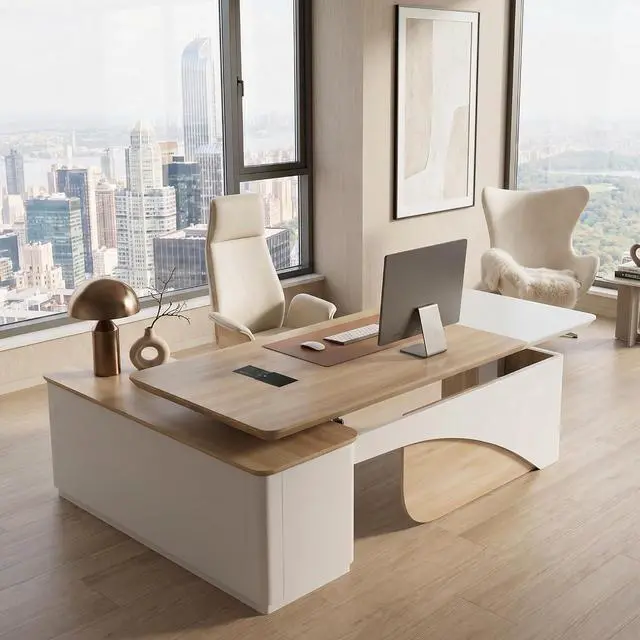Alt view image 5 of 7 - 86" L Shaped Adjustable Height Executive Desk with Drawers and Cabinet, White Electric Stand Up Desk with LED, Functions 4-Preset Memory, Power Outlets, 2.36" Thickened Desktop for Office