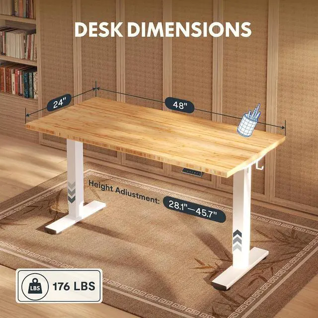 Alt view image 2 of 7 - Solid Bamboo Standing Desk, 48" x 24" Real Bamboo Desktop with Natural Grain, Durable & Sustainable Workstation for Home Office and Multi-Monitor Setups (White Frame)