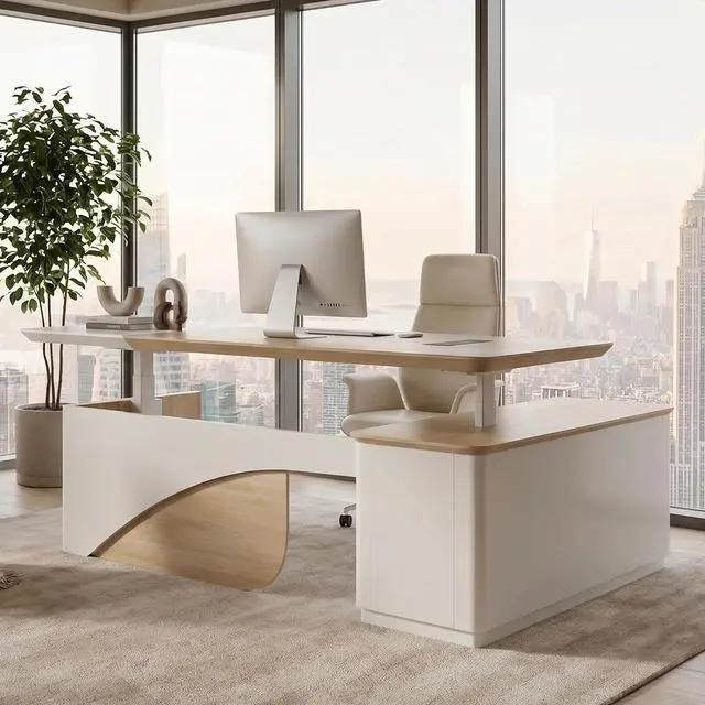 Main image of 86" L Shaped Adjustable Height Executive Desk with Drawers and Cabinet, White Electric Stand Up Desk with LED, Functions 4-Preset Memory, Power Outlets, 2.36" Thickened Desktop for Office