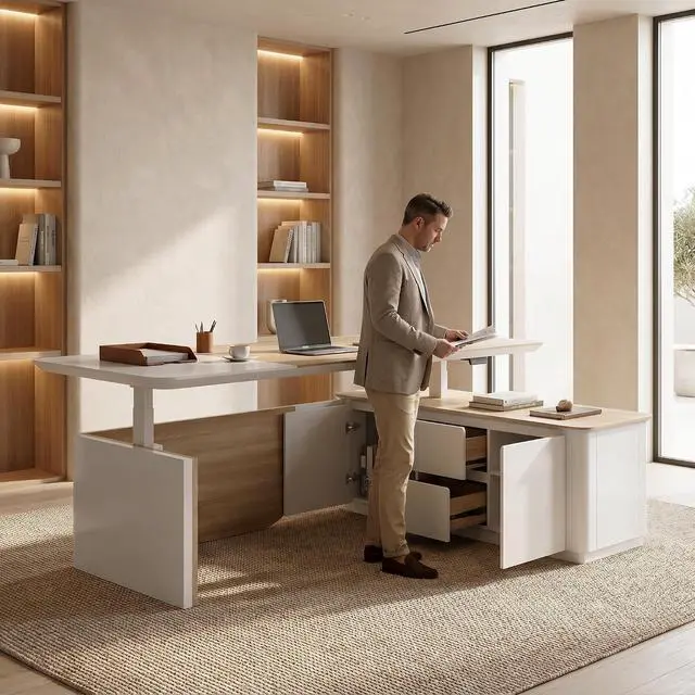 Alt view image 4 of 7 - 86" L Shaped Adjustable Height Executive Desk with Drawers and Cabinet, White Electric Stand Up Desk with LED, Functions 4-Preset Memory, Power Outlets, 2.36" Thickened Desktop for Office