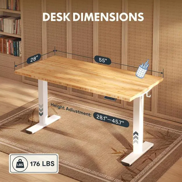 Alt view image 2 of 7 - Solid Bamboo Standing Desk, 55" x 28" Real Bamboo Desktop with Natural Grain, Durable & Sustainable Workstation for Home Office and Multi-Monitor Setups (White Frame)