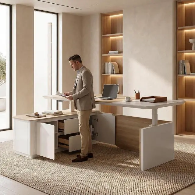 Alt view image 4 of 7 - 86" L Shaped Adjustable Height Executive Desk with Drawers and Cabinet, White Electric Stand Up Desk with LED, Functions 4-Preset Memory, Power Outlets, 2.36" Thickened Desktop for Office