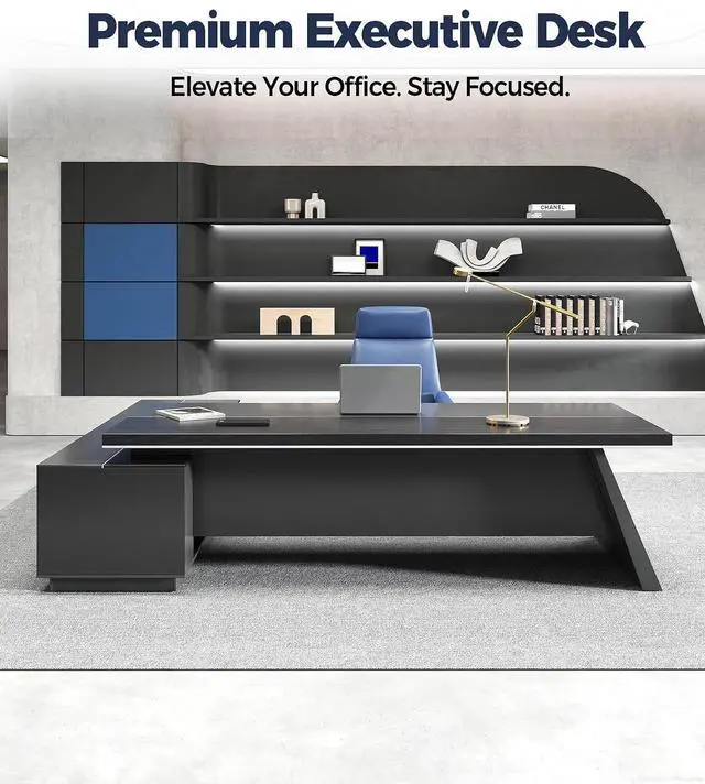 Alt view image 3 of 7 - 87" Executive Office Desk with Power Outlets & USB Ports, L-Shaped Executive Computer Desk with Drawers, Enclosed Cabinet, Ventilated CPU Compartment (Right Return, 87" L x 63" W x 30" H)