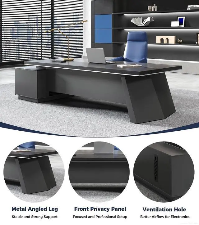 Alt view image 4 of 7 - 87" Executive Office Desk with Power Outlets & USB Ports, L-Shaped Executive Computer Desk with Drawers, Enclosed Cabinet, Ventilated CPU Compartment (Right Return, 87" L x 63" W x 30" H)