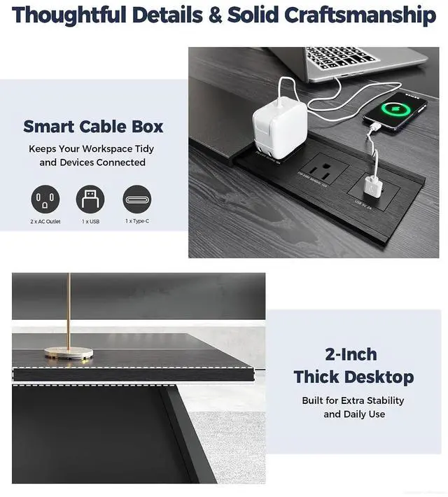 Alt view image 6 of 7 - 87" Executive Office Desk with Power Outlets & USB Ports, L-Shaped Executive Computer Desk with Drawers, Enclosed Cabinet, Ventilated CPU Compartment (Right Return, 87" L x 63" W x 30" H)