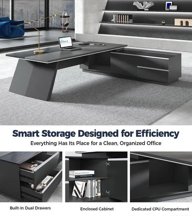 Alt view image 5 of 7 - 87" Executive Office Desk with Power Outlets & USB Ports, L-Shaped Executive Computer Desk with Drawers, Enclosed Cabinet, Ventilated CPU Compartment (Right Return, 87" L x 63" W x 30" H)