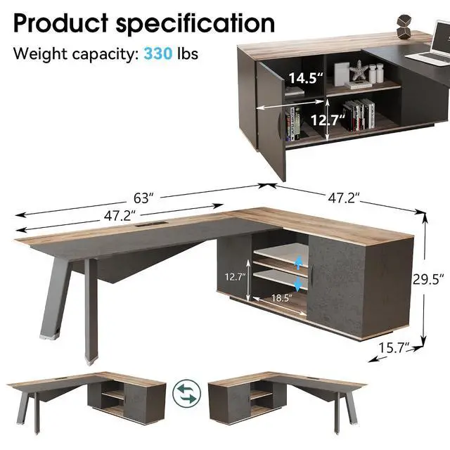 Alt view image 2 of 7 - 63 inches Executive Desk and 47" lateral File Cabinet, L-Shaped Desk with Storage Shelves and Doors, Modern Business Furniture Desk,Writing Table Computer Desk for Home Office, Brown and Black
