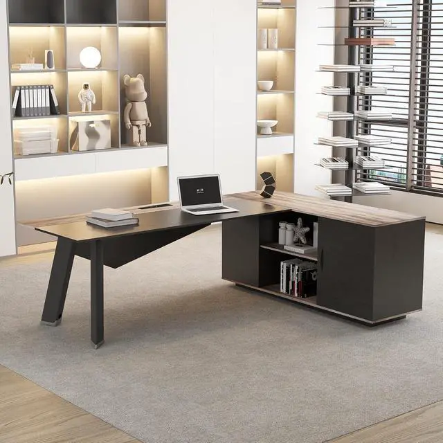 Alt view image 3 of 7 - 63 inches Executive Desk and 47" lateral File Cabinet, L-Shaped Desk with Storage Shelves and Doors, Modern Business Furniture Desk,Writing Table Computer Desk for Home Office, Brown and Black