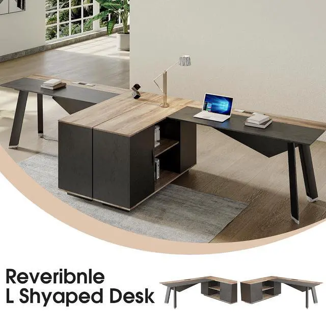 Alt view image 4 of 7 - 63 inches Executive Desk and 47" lateral File Cabinet, L-Shaped Desk with Storage Shelves and Doors, Modern Business Furniture Desk,Writing Table Computer Desk for Home Office, Brown and Black