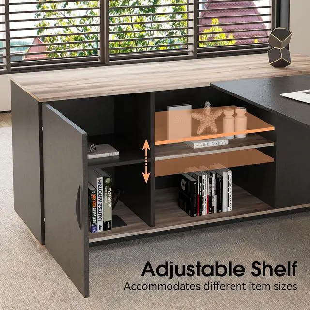 Alt view image 5 of 7 - 63 inches Executive Desk and 47" lateral File Cabinet, L-Shaped Desk with Storage Shelves and Doors, Modern Business Furniture Desk,Writing Table Computer Desk for Home Office, Brown and Black