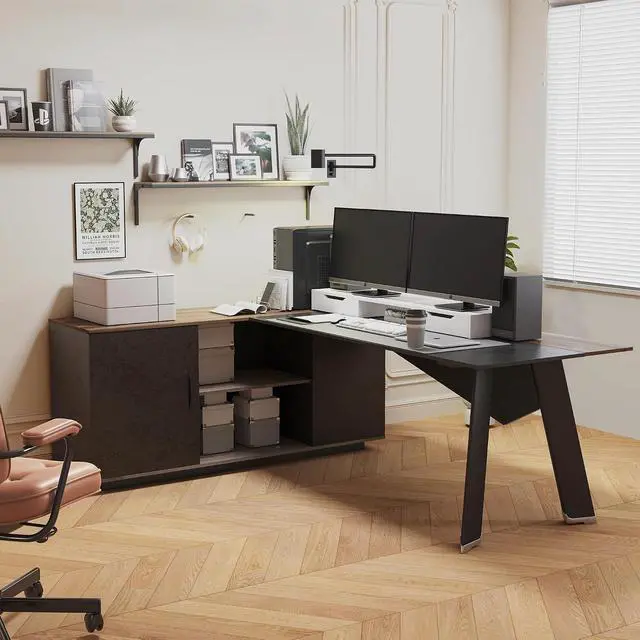 Alt view image 7 of 7 - 63 inches Executive Desk and 47" lateral File Cabinet, L-Shaped Desk with Storage Shelves and Doors, Modern Business Furniture Desk,Writing Table Computer Desk for Home Office, Brown and Black