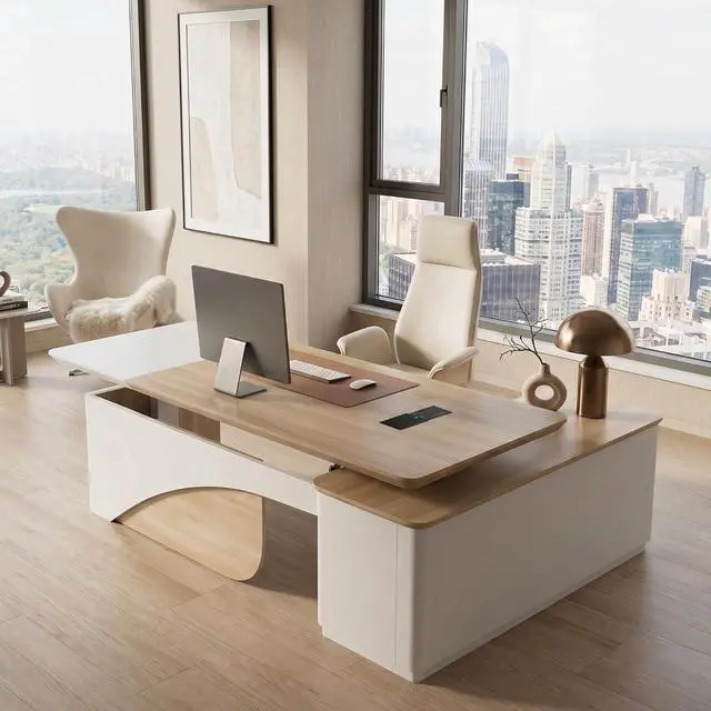 Alt view image 5 of 7 - 86" L Shaped Adjustable Height Executive Desk with Drawers and Cabinet, White Electric Stand Up Desk with LED, Functions 4-Preset Memory, Power Outlets, 2.36" Thickened Desktop for Office