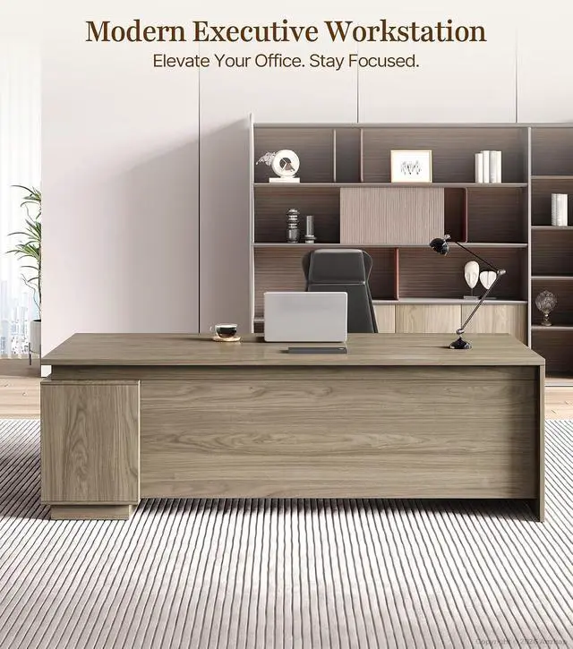 Alt view image 3 of 7 - 63" Executive Office Desk with Power Outlets & USB Ports, Reversible L-Shaped Computer Desk Corner Desk with Storage Drawers & Open Shelving - Home Office Desk (Black Walnut)