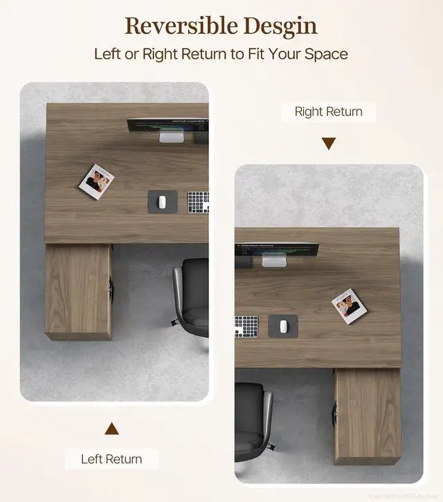 Alt view image 7 of 7 - 63" Executive Office Desk with Power Outlets & USB Ports, Reversible L-Shaped Computer Desk Corner Desk with Storage Drawers & Open Shelving - Home Office Desk (Black Walnut)