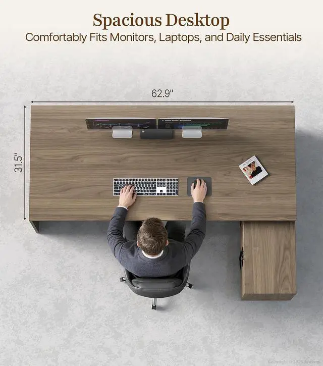 Alt view image 6 of 7 - 63" Executive Office Desk with Power Outlets & USB Ports, Reversible L-Shaped Computer Desk Corner Desk with Storage Drawers & Open Shelving - Home Office Desk (Black Walnut)