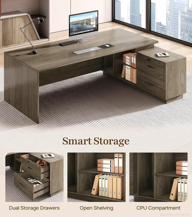 Alt view image 5 of 7 - 63" Executive Office Desk with Power Outlets & USB Ports, Reversible L-Shaped Computer Desk Corner Desk with Storage Drawers & Open Shelving - Home Office Desk (Black Walnut)