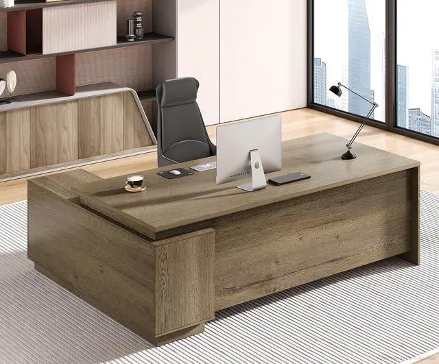 Main image of 63" Reversible L-Shaped Executive Desk with Drawers, Modern Executive Office Desk with Storage Shelving, Built-in Outlets & USB Ports for Home Office, Corporate, School (Tobacco Wood)