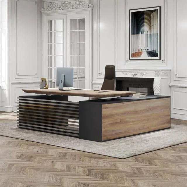 Alt view image 6 of 6 - 78.74IN Adjustable Heigh L Shaped Executive Desk with Drawers, Modern Executive Standing Home Office Desk w/Universal Charging Ports, Large Business Workstation w/Cord Management,Black and Warm Oak