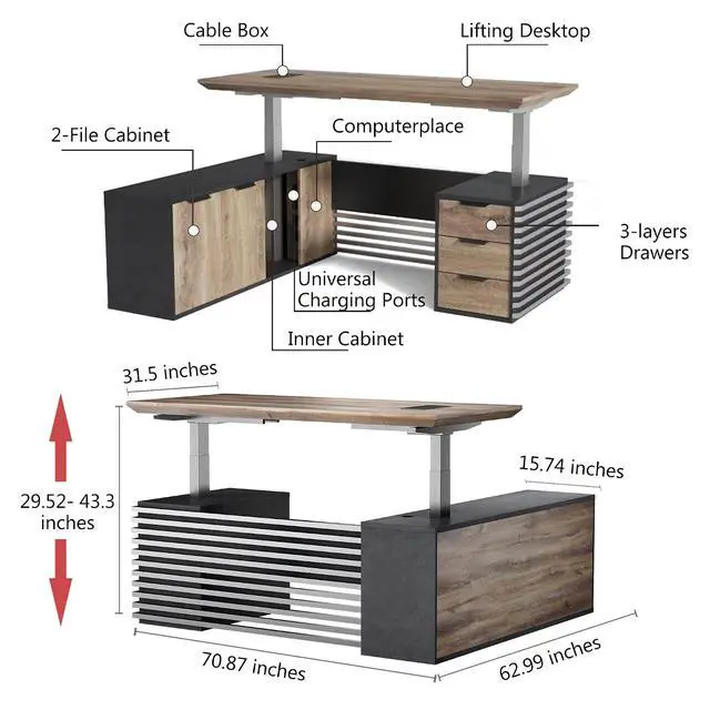 Alt view image 2 of 6 - 70.87IN Adjustable Heigh L Shaped Executive Desk with Drawers, Modern Executive Standing Home Office Desk w/Universal Charging Ports, Large Business Workstation w/Cord Management,Black and Warm Oak