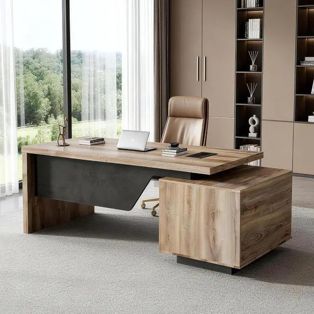 Main image of Modern Executive Office Desk 63", Computer Desk with Drawer, File Drawer, Professional Office Table with Storage Cabinet & Cable Management Box, 1.8" Thick Desktop with Privacy Panel (Mahogany, Left)