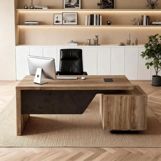 Alt view image 3 of 6 - Modern Executive Office Desk 63", Computer Desk with Drawer, File Drawer, Professional Office Table with Storage Cabinet & Cable Management Box, 1.8" Thick Desktop with Privacy Panel (Mahogany, Left)