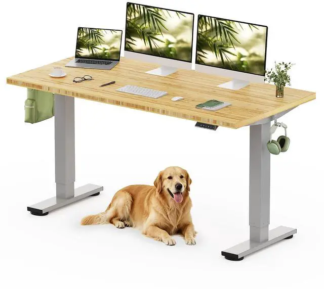 Main image of Solid Bamboo Standing Desk, 60" x 30" Real Bamboo Desktop with Natural Grain, Durable & Sustainable Workstation for Home Office and Multi-Monitor Setups (Silver Frame)