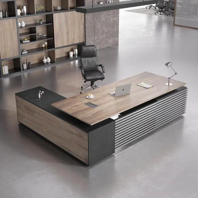 Main image of 86.61IN Adjustable Heigh L Shaped Executive Desk with Drawers, Modern Executive Standing Home Office Desk w/Universal Charging Ports, Large Business Workstation w/Cord Management,Black and Warm Oak