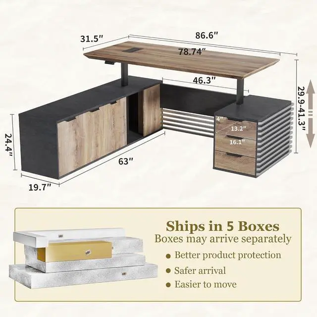 Alt view image 2 of 7 - 86.61IN Adjustable Heigh L Shaped Executive Desk with Drawers, Modern Executive Standing Home Office Desk w/Universal Charging Ports, Large Business Workstation w/Cord Management,Black and Warm Oak