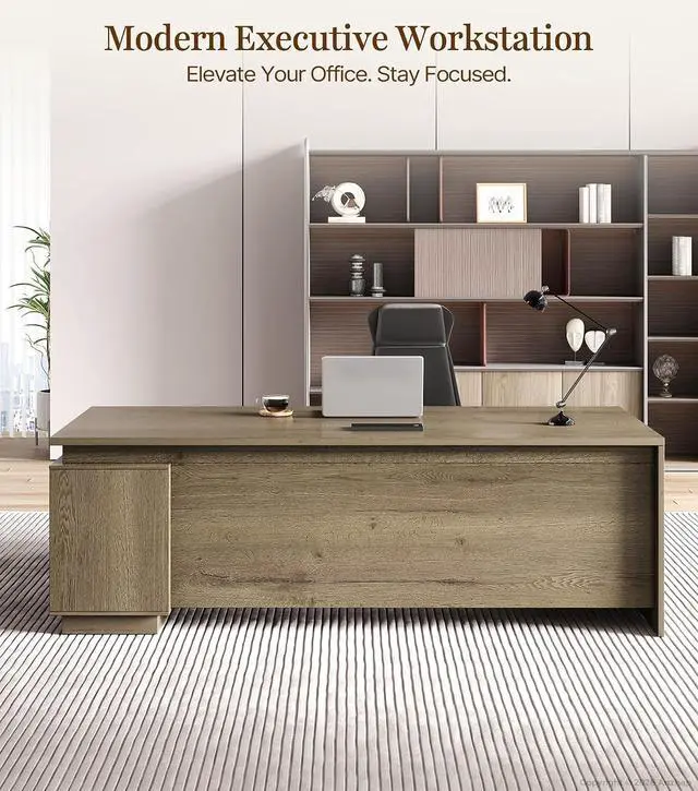 Alt view image 3 of 7 - 63" Reversible L-Shaped Executive Desk with Drawers, Modern Executive Office Desk with Storage Shelving, Built-in Outlets & USB Ports for Home Office, Corporate, School (Tobacco Wood)