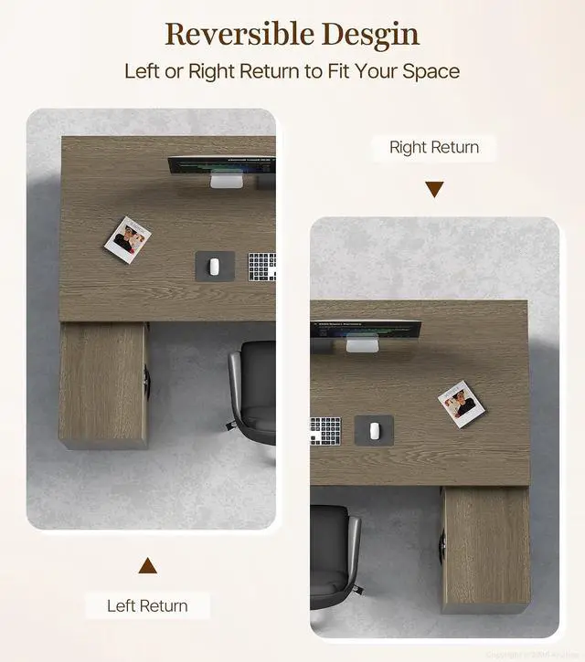 Alt view image 6 of 7 - 63" Reversible L-Shaped Executive Desk with Drawers, Modern Executive Office Desk with Storage Shelving, Built-in Outlets & USB Ports for Home Office, Corporate, School (Tobacco Wood)