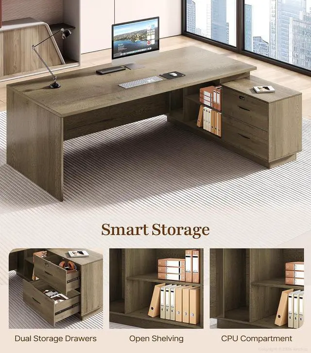 Alt view image 5 of 7 - 63" Reversible L-Shaped Executive Desk with Drawers, Modern Executive Office Desk with Storage Shelving, Built-in Outlets & USB Ports for Home Office, Corporate, School (Tobacco Wood)