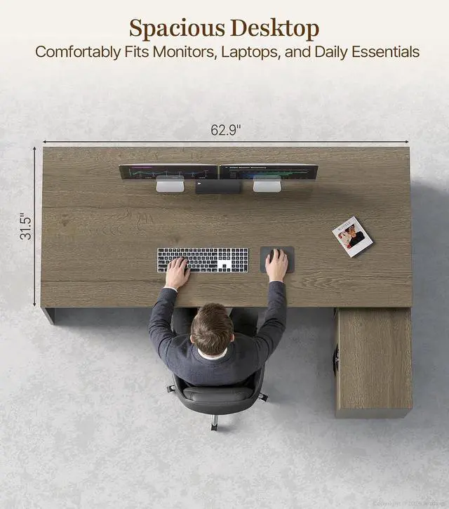 Alt view image 7 of 7 - 63" Reversible L-Shaped Executive Desk with Drawers, Modern Executive Office Desk with Storage Shelving, Built-in Outlets & USB Ports for Home Office, Corporate, School (Tobacco Wood)