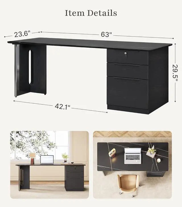 Alt view image 2 of 7 - 63" Black Executive Desk with File Drawers, Rectangular Office Computer Desk with Reversible Cabinet & Sintered Stone Desktop, Simple Workstation Business Furniture, 23.6"D x 62.9"W x 29.5"H