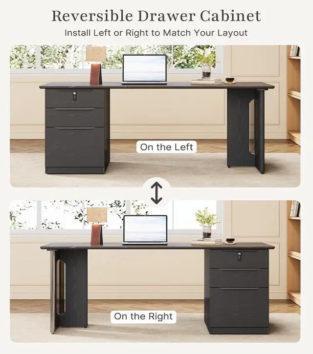 Alt view image 3 of 7 - 63" Black Executive Desk with File Drawers, Rectangular Office Computer Desk with Reversible Cabinet & Sintered Stone Desktop, Simple Workstation Business Furniture, 23.6"D x 62.9"W x 29.5"H