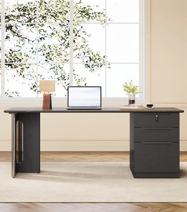 Alt view image 4 of 7 - 63" Black Executive Desk with File Drawers, Rectangular Office Computer Desk with Reversible Cabinet & Sintered Stone Desktop, Simple Workstation Business Furniture, 23.6"D x 62.9"W x 29.5"H