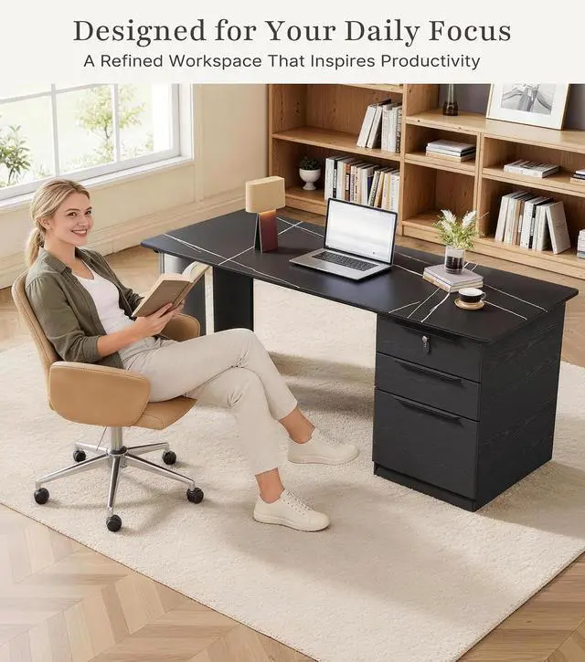 Alt view image 5 of 7 - 63" Black Executive Desk with File Drawers, Rectangular Office Computer Desk with Reversible Cabinet & Sintered Stone Desktop, Simple Workstation Business Furniture, 23.6"D x 62.9"W x 29.5"H