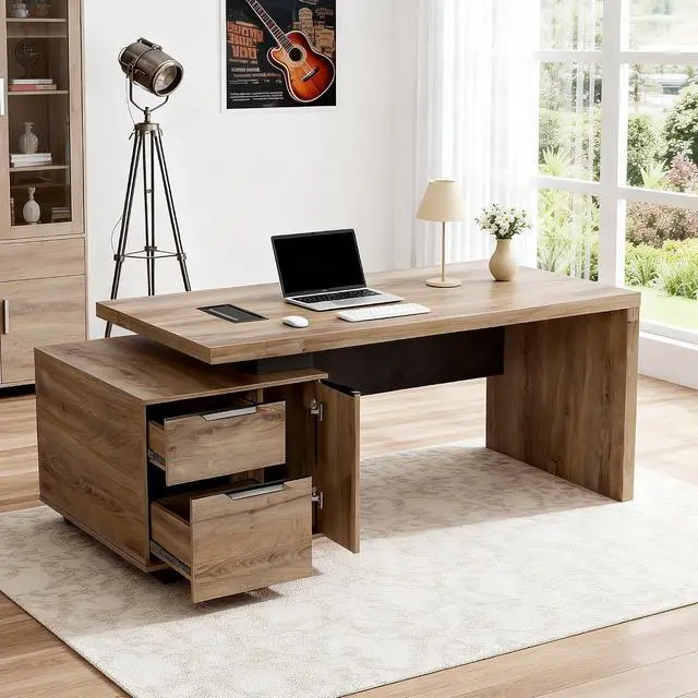 Alt view image 4 of 6 - Modern Executive Office Desk 63", Computer Desk with Drawer, File Drawer, Professional Office Table with Storage Cabinet & Cable Management Box, 1.8" Thick Desktop with Privacy Panel (Mahogany, Left)