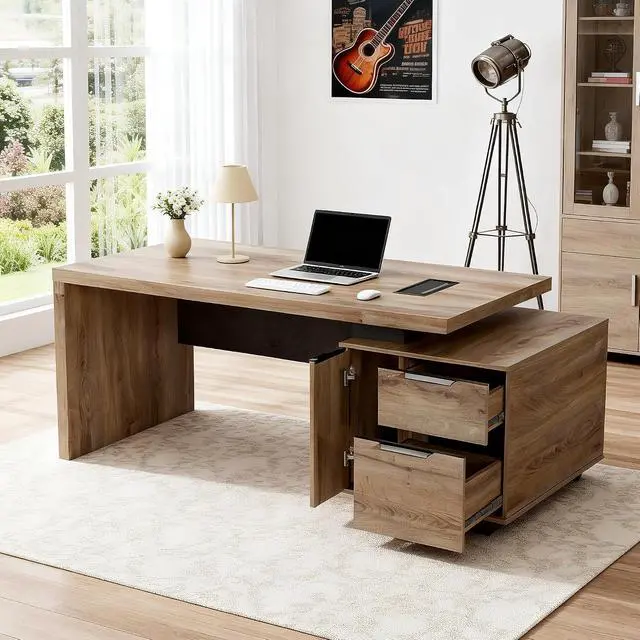 Alt view image 3 of 6 - Modern Executive Office Desk 63", Computer Desk with Drawer, File Drawer, Professional Office Table with Storage Cabinet & Cable Management Box, 1.8" Thick Desktop with Privacy Panel (Mahogany, Right)