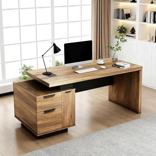 Alt view image 4 of 6 - Modern Executive Office Desk 63", Computer Desk with Drawer, File Drawer, Professional Office Table with Storage Cabinet & Cable Management Box, 1.8" Thick Desktop with Privacy Panel (Wood 1, Left)