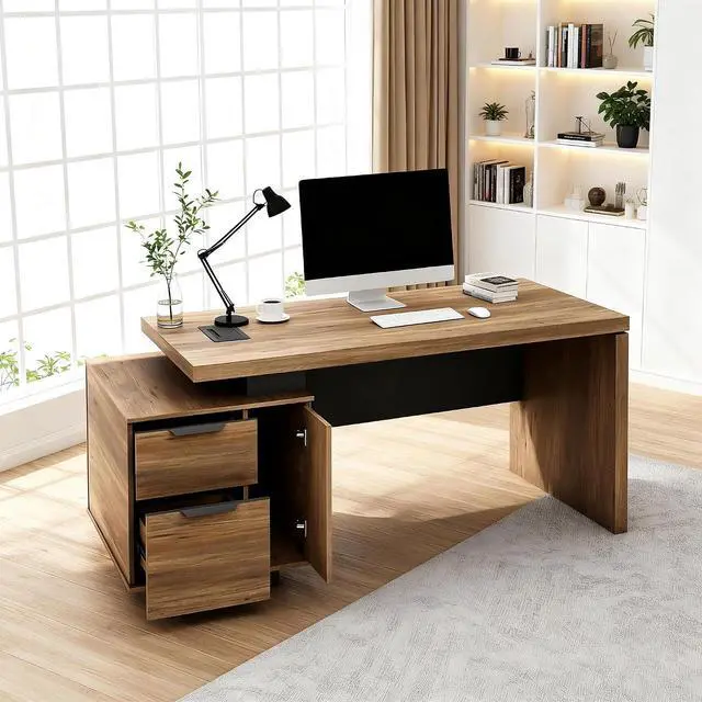 Alt view image 3 of 6 - Modern Executive Office Desk 63", Computer Desk with Drawer, File Drawer, Professional Office Table with Storage Cabinet & Cable Management Box, 1.8" Thick Desktop with Privacy Panel (Wood 1, Left)